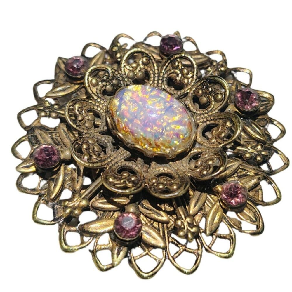 1950s Aurora Borealis Pink Opalescent Confetti Gold Tone MCM Vintage Brooch